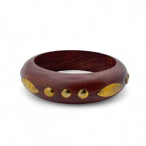 Handcrafted Boho Wooden Bangle with Brass Stud Accents - Natural Dark Wood State